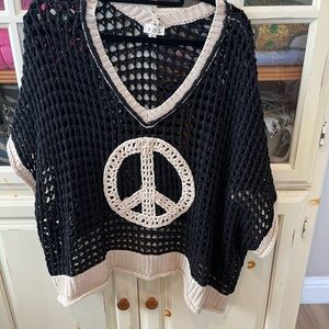 POL Black Open-Knit V-Neck Sweater with Cream Peace Sign Trim